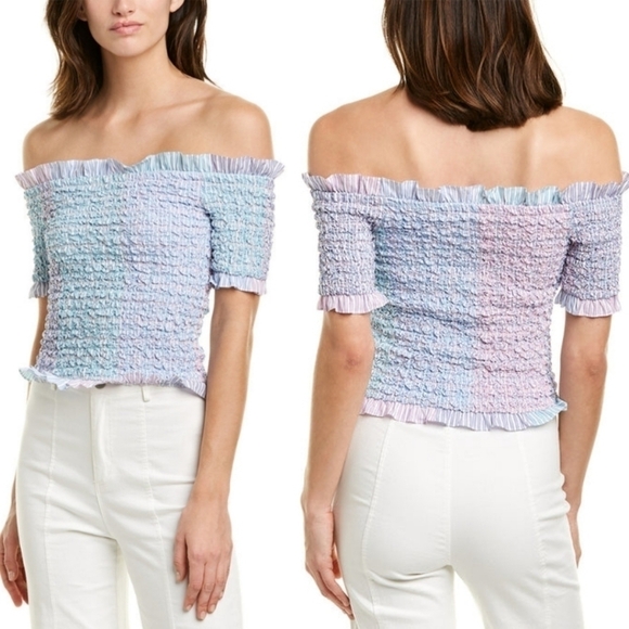 Petersyn NWT Kinsey Top XS smocked off the shoulder pastel spring cropped ruffle - Picture 1 of 11
